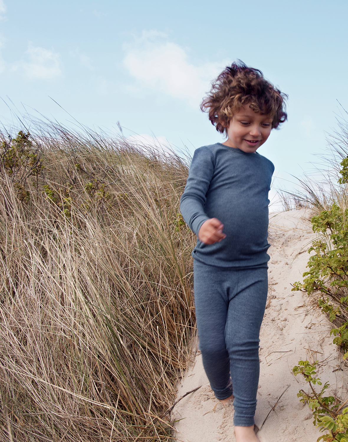 Legging pour enfant en laine bio et soie m lange de bleus