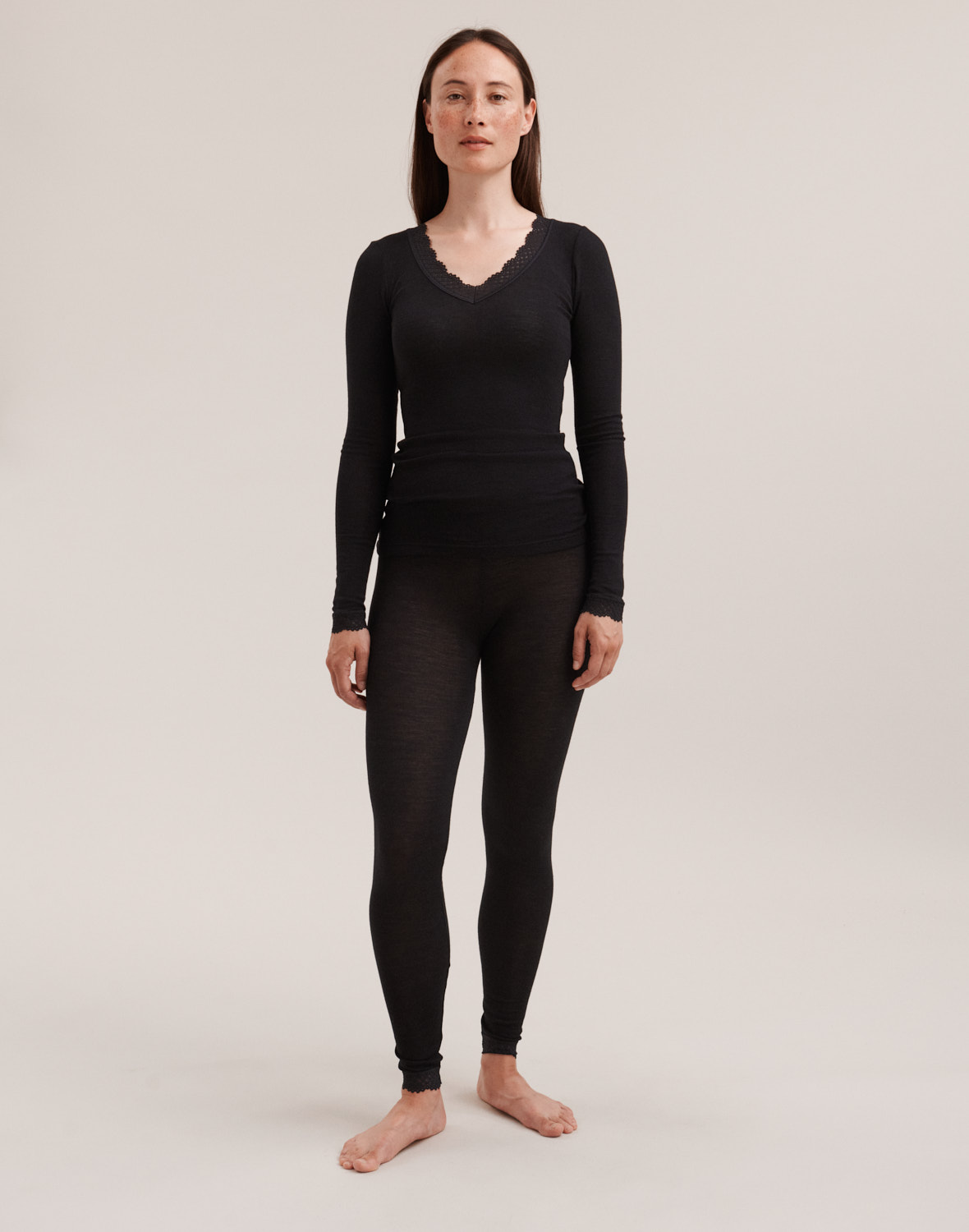 Legging avec dentelle en laine m rinos et soie pour femme Noir