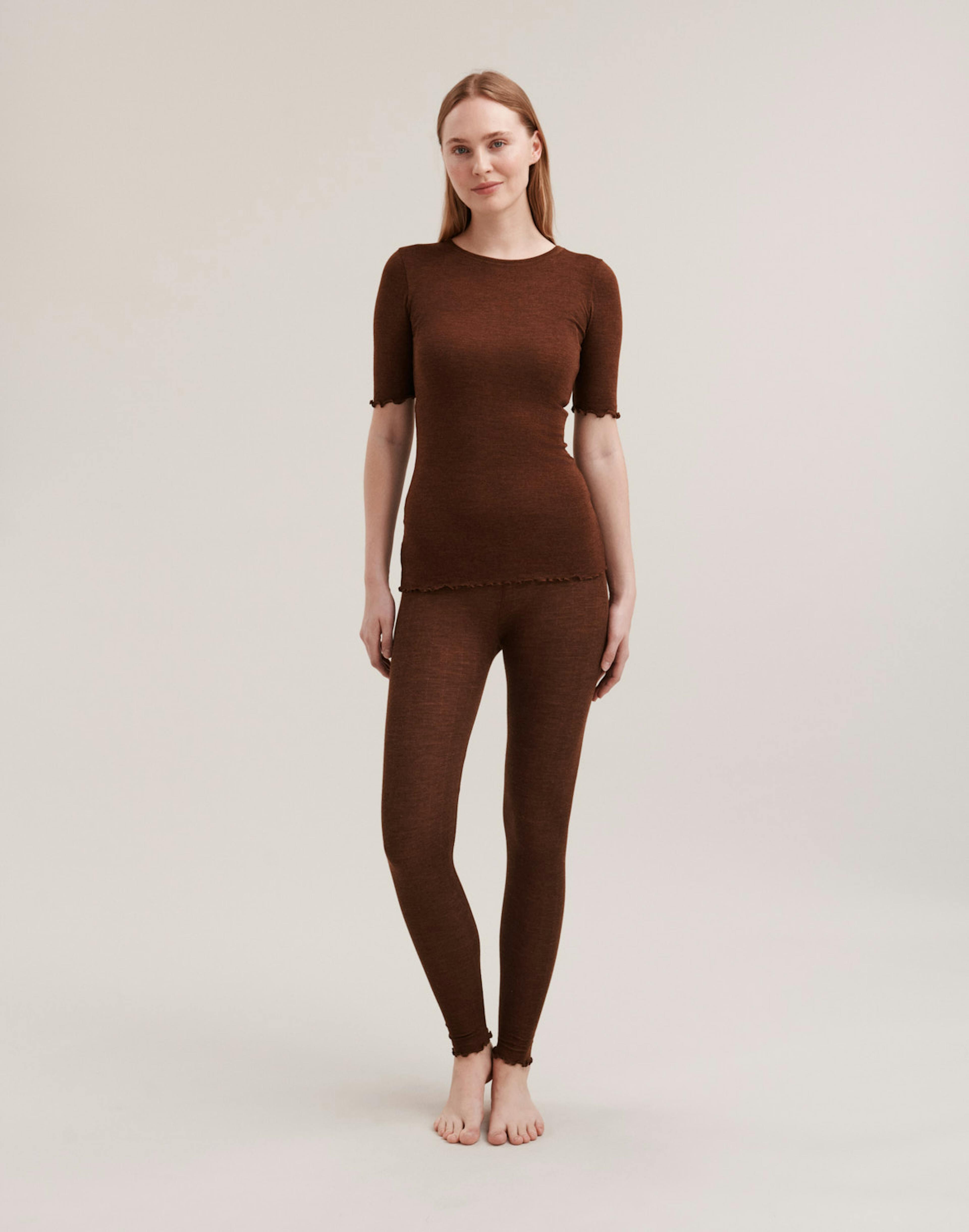 Women's merino wool/silk pointelle leggings - Mocha - Dilling